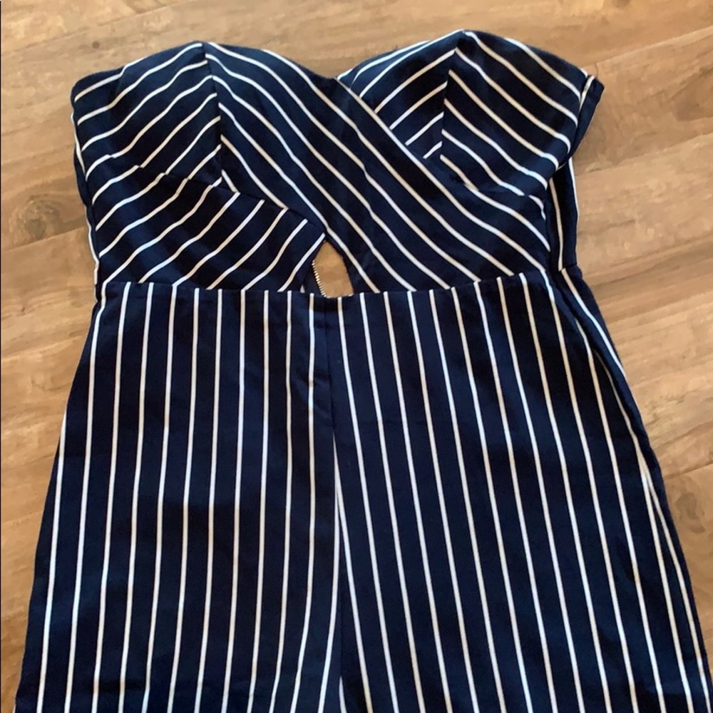 Women’s blue & white striped Capri romper. Size M